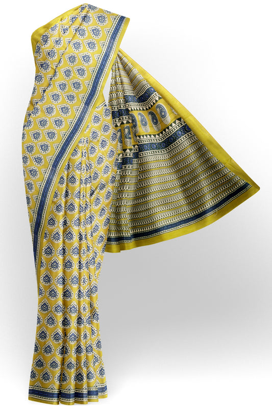 Mustard Yellow Jaipur Cotton Floral Hand Block Prints Saree