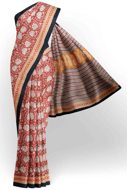 Red Jaipur Cotton Hand Block Printed Florals Saree