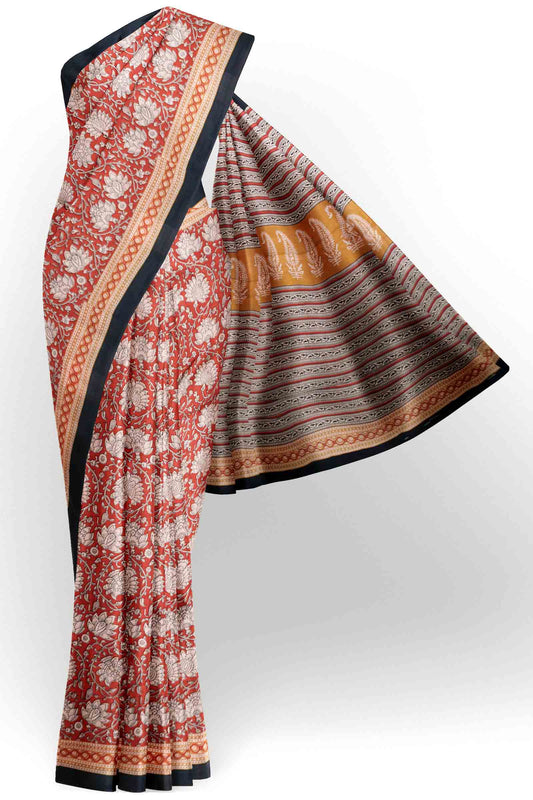 Red Jaipur Cotton Hand Block Printed Florals Saree