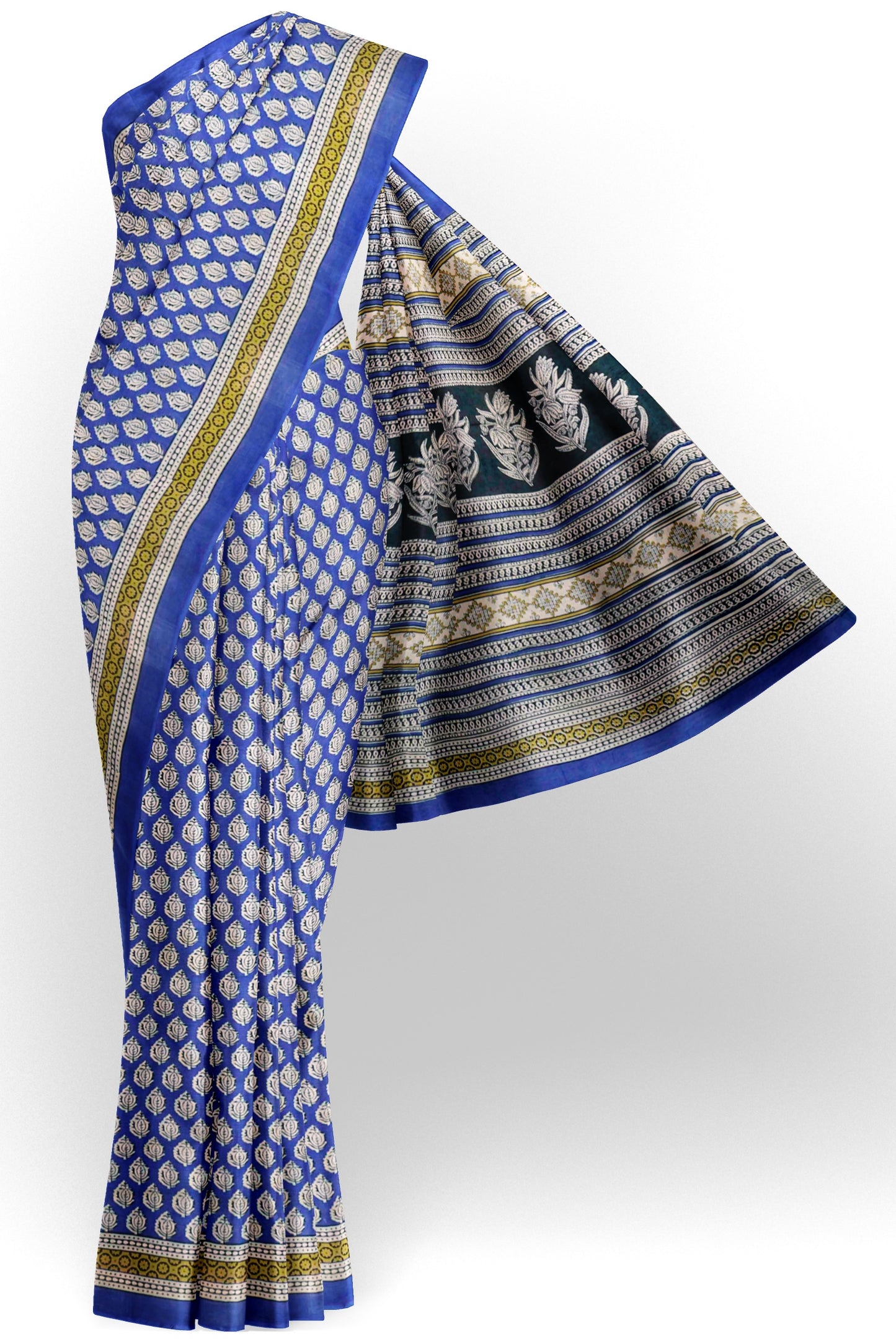 Blue Floral Hand Block Print Jaipur Cotton Saree