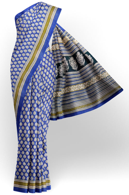 Blue Floral Hand Block Print Jaipur Cotton Saree