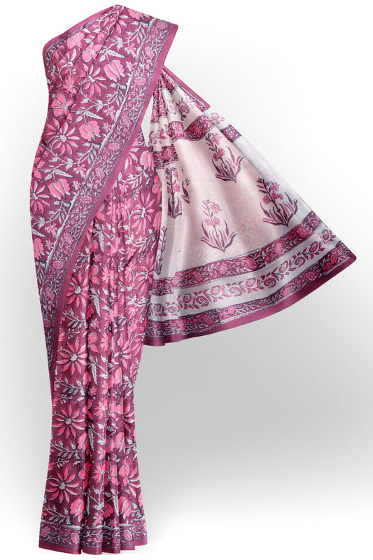 Berry Red Floral HandBlock Prints Jaipur Cotton Saree