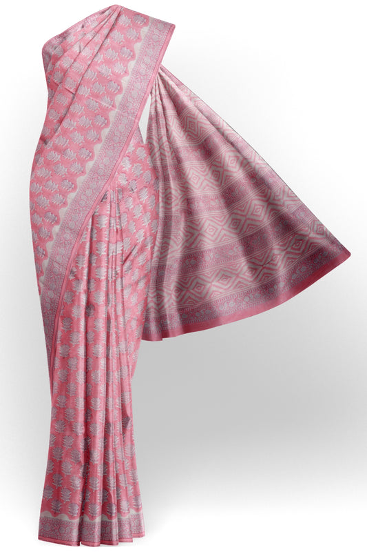 Baby Pink Floral Hand Block Print Jaipur Cotton Saree