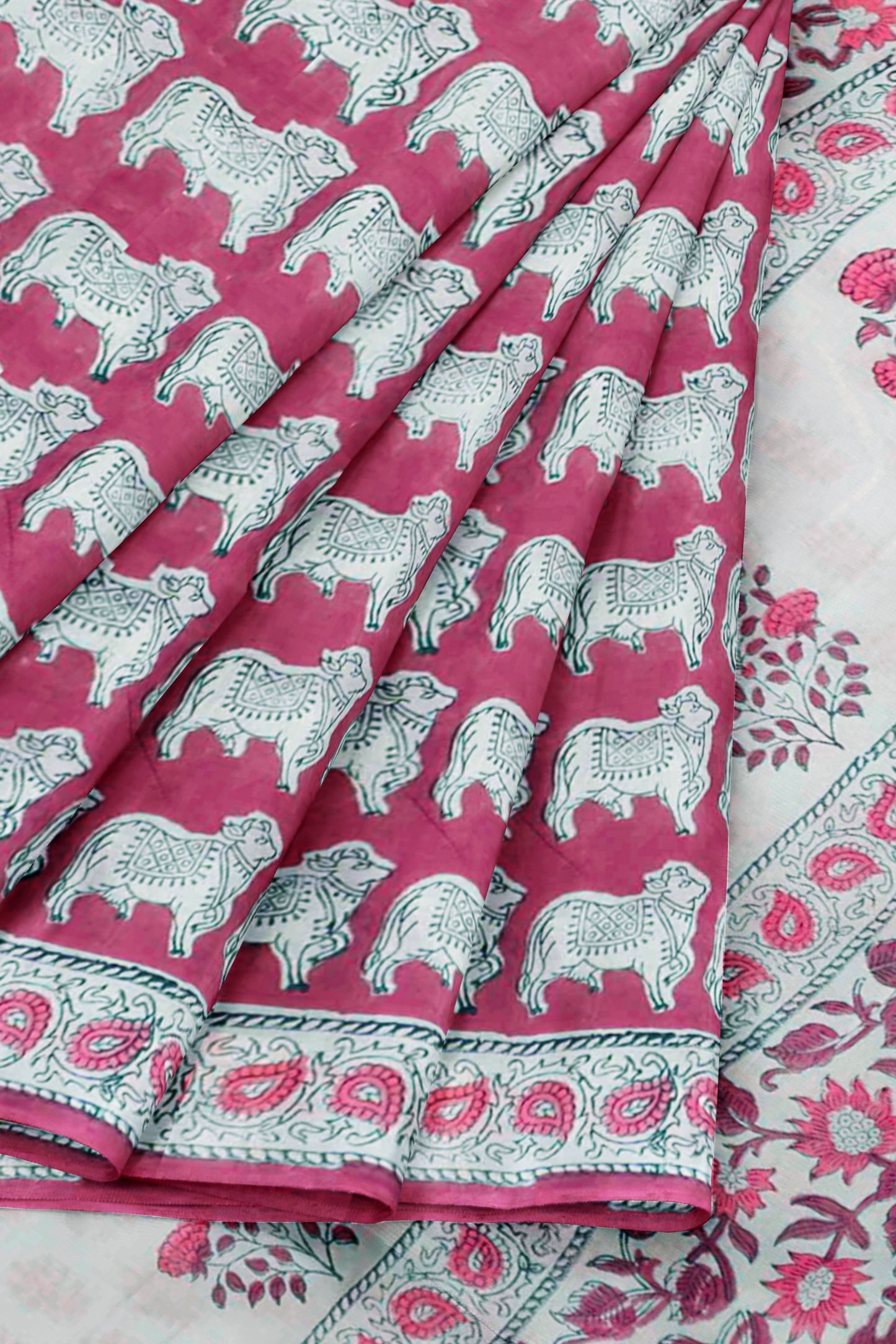 Berru Red Jaipur Cotton Royal Cow Hand Block Print Saree