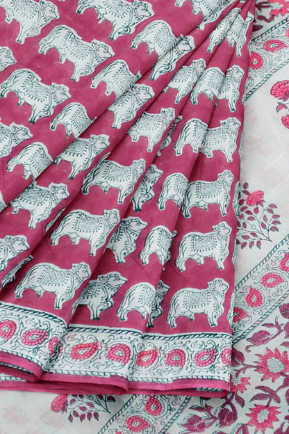 Berru Red Jaipur Cotton Royal Cow Hand Block Print Saree
