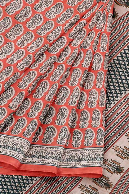 Flaming Red Jaipur Cotton Floral Hand Block Print Saree