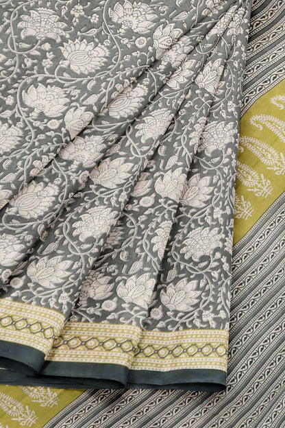 Grey Jaipur Cotton Floral Hand Block Print Saree