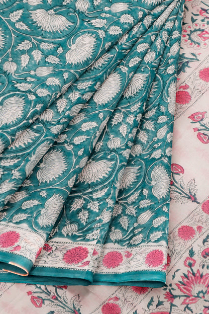 Sea Green  Jaipur Cotton Floral Hand Block Print Saree