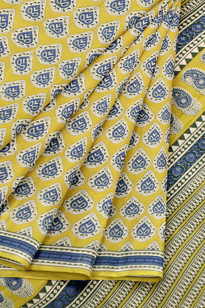 Mustard Yellow Jaipur Cotton Floral Hand Block Prints Saree