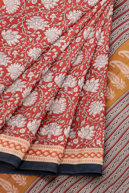 Red Jaipur Cotton Hand Block Printed Florals Saree