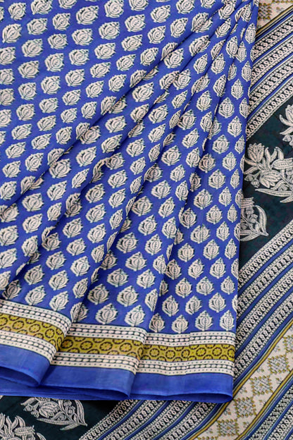 Blue Floral Hand Block Print Jaipur Cotton Saree