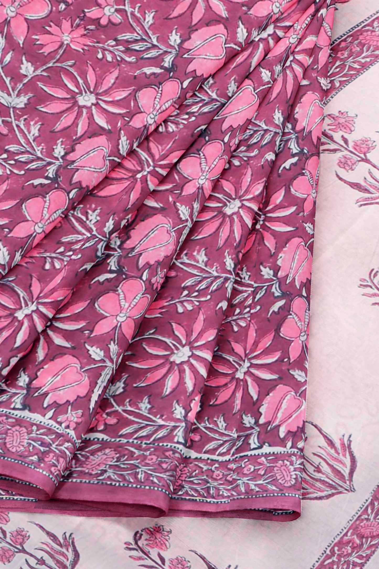 Berry Red Floral HandBlock Prints Jaipur Cotton Saree