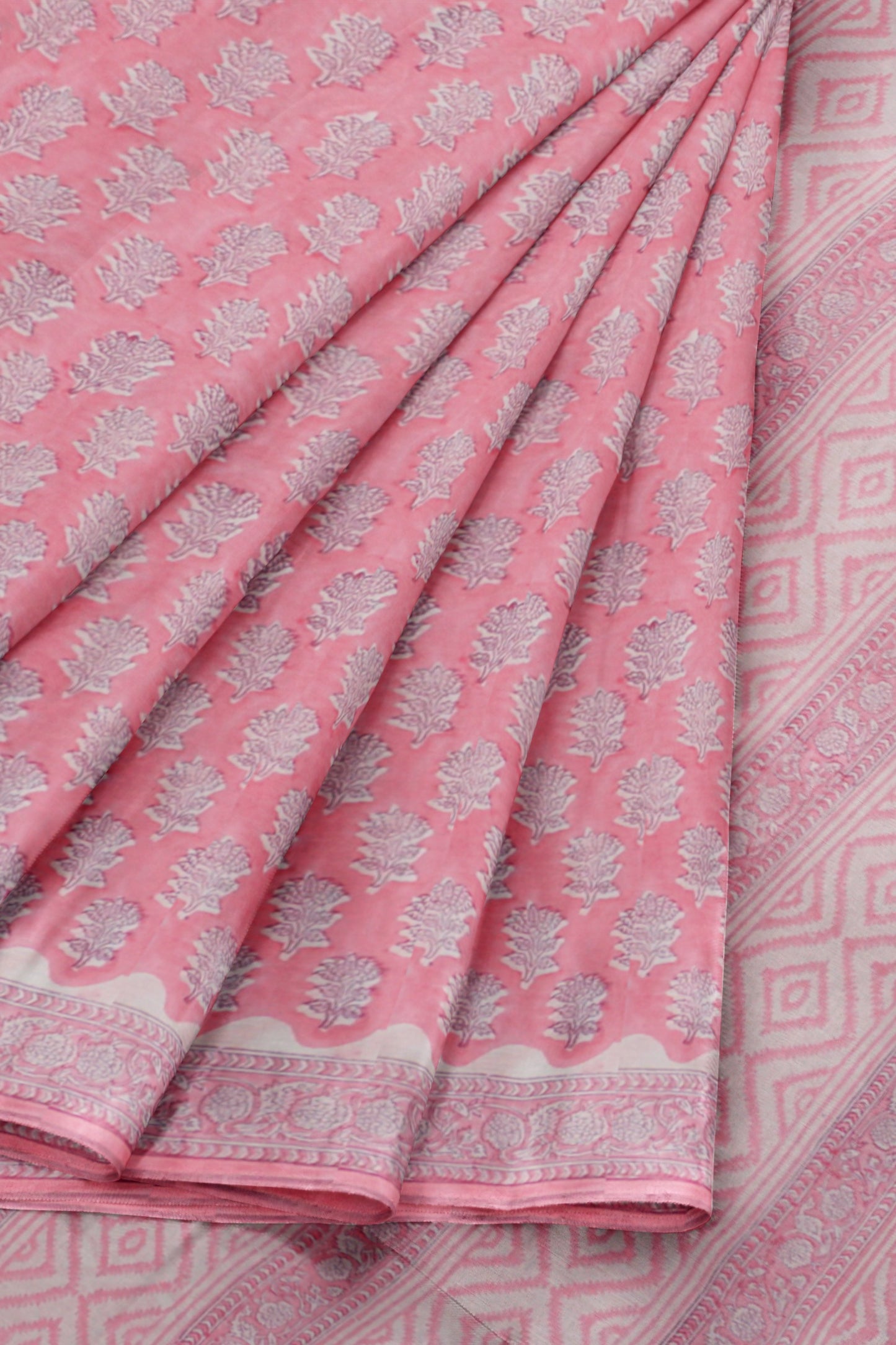 Baby Pink Floral Hand Block Print Jaipur Cotton Saree