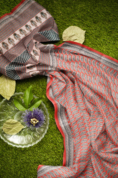 Flaming Red Jaipur Cotton Floral Hand Block Print Saree