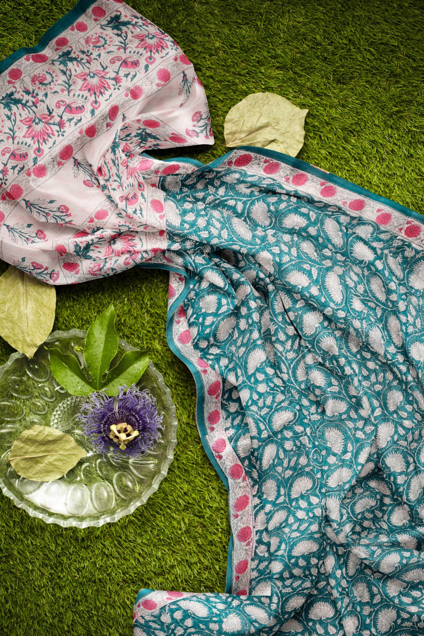 Sea Green  Jaipur Cotton Floral Hand Block Print Saree