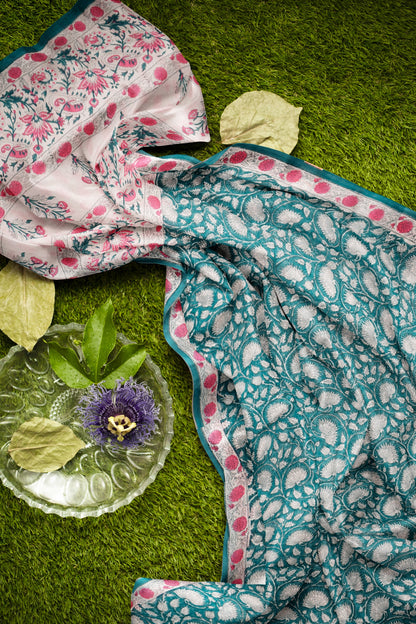 Sea Green  Jaipur Cotton Floral Hand Block Print Saree