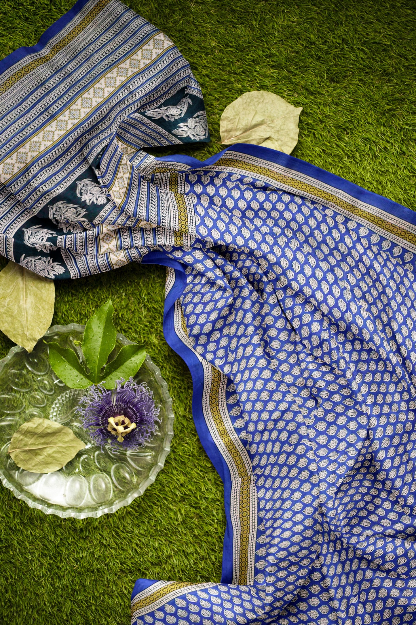 Blue Floral Hand Block Print Jaipur Cotton Saree