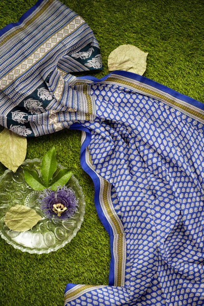 Blue Floral Hand Block Print Jaipur Cotton Saree