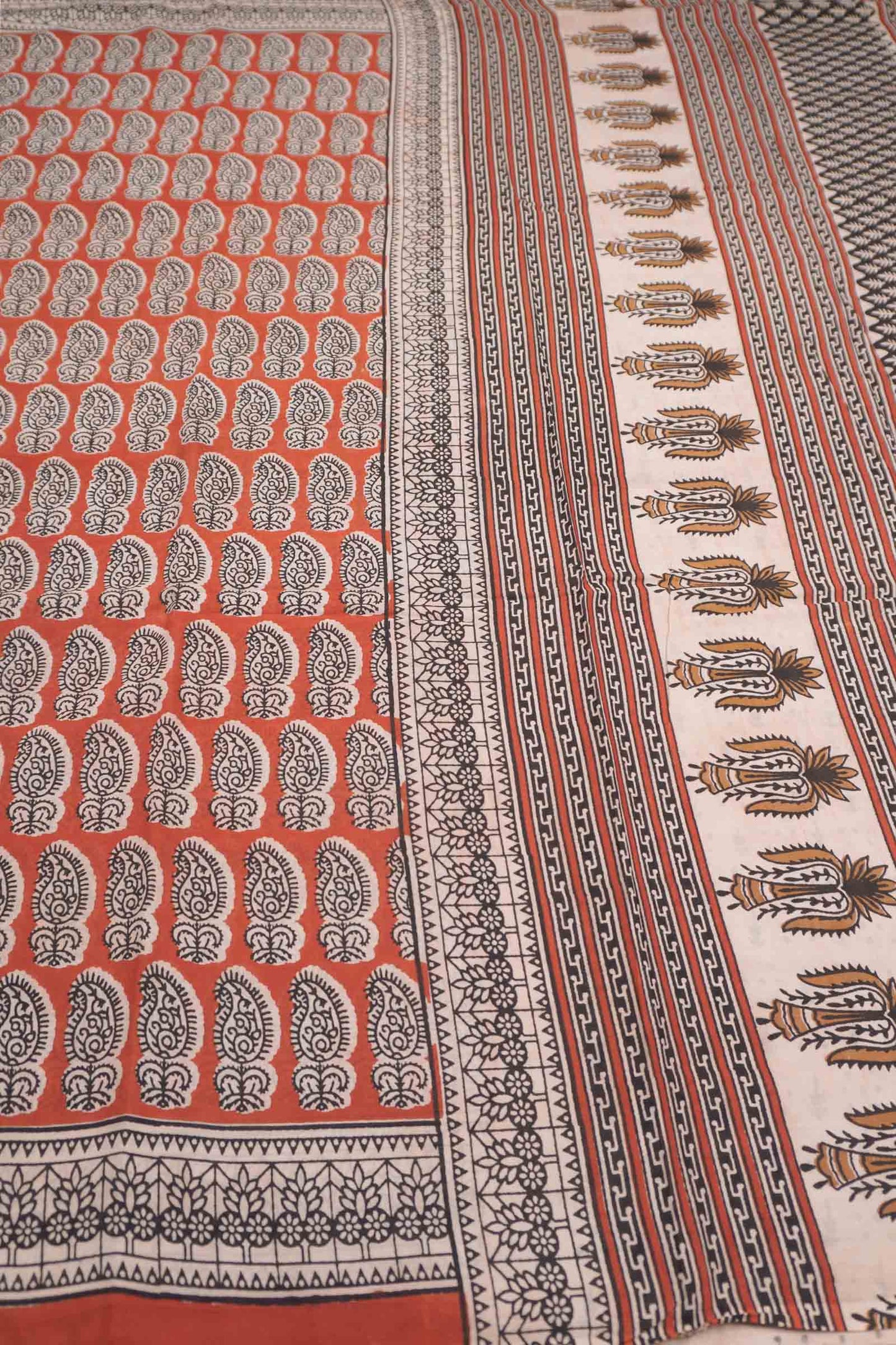 Flaming Red Jaipur Cotton Floral Hand Block Print Saree