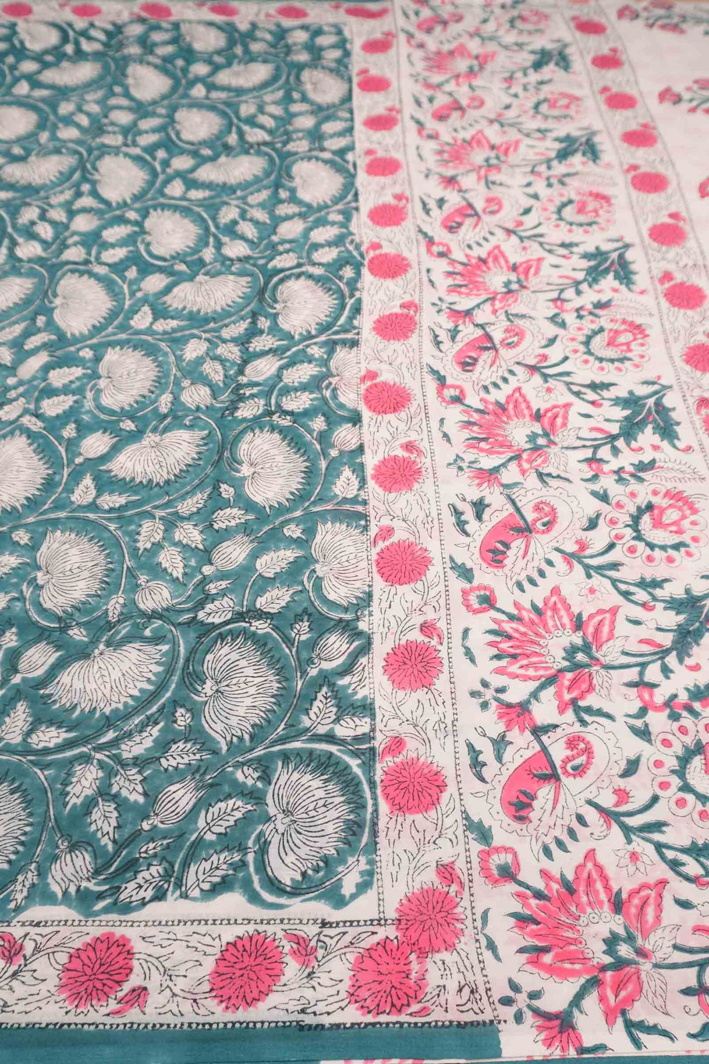 Sea Green  Jaipur Cotton Floral Hand Block Print Saree