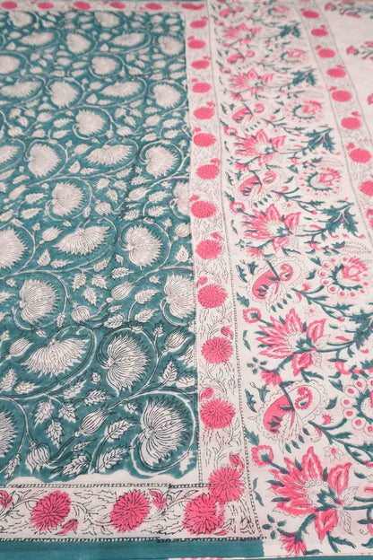 Sea Green  Jaipur Cotton Floral Hand Block Print Saree