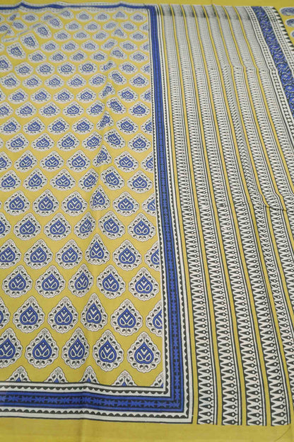 Mustard Yellow Jaipur Cotton Floral Hand Block Prints Saree