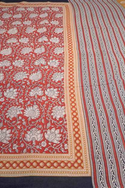 Red Jaipur Cotton Hand Block Printed Florals Saree