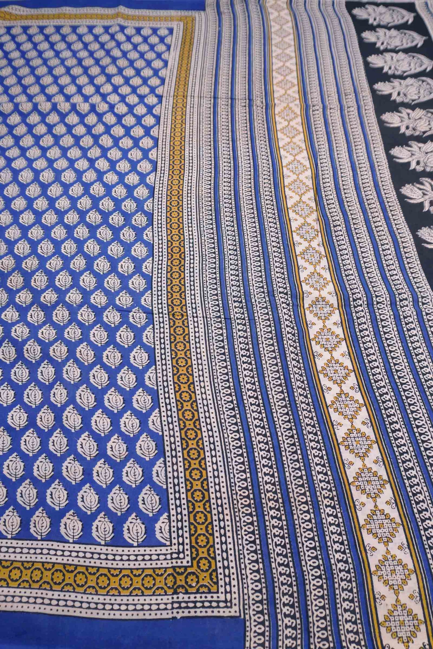 Blue Floral Hand Block Print Jaipur Cotton Saree