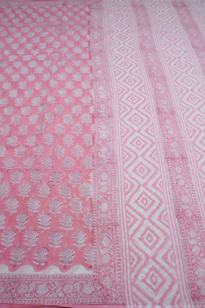 Baby Pink Floral Hand Block Print Jaipur Cotton Saree