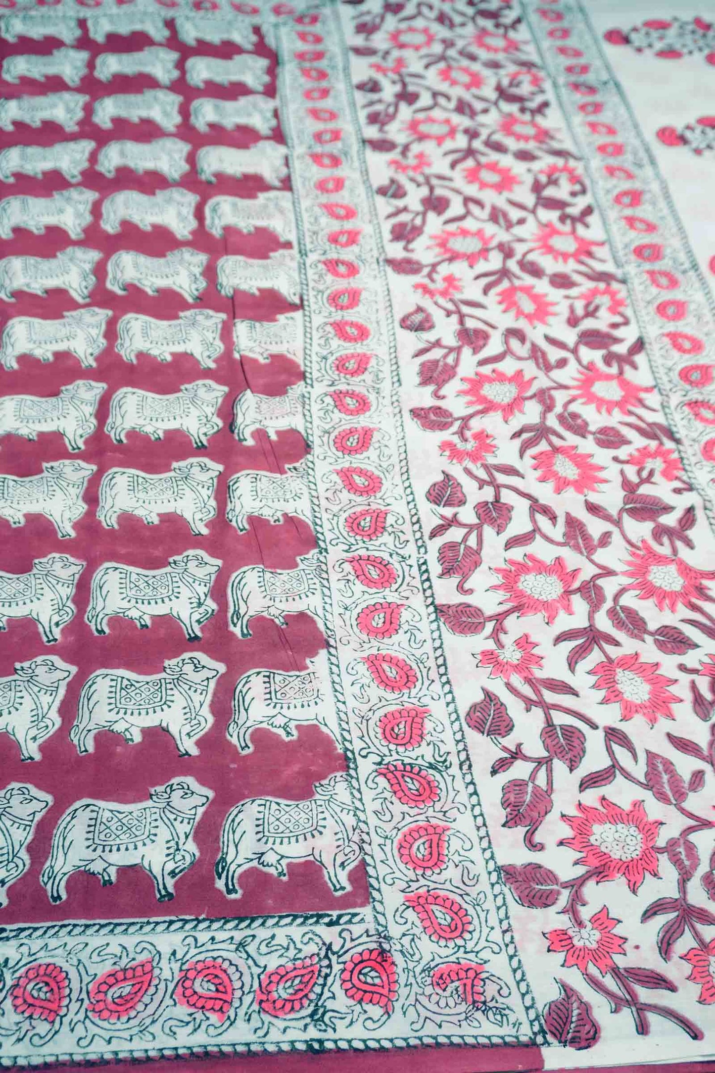 Berru Red Jaipur Cotton Royal Cow Hand Block Print Saree