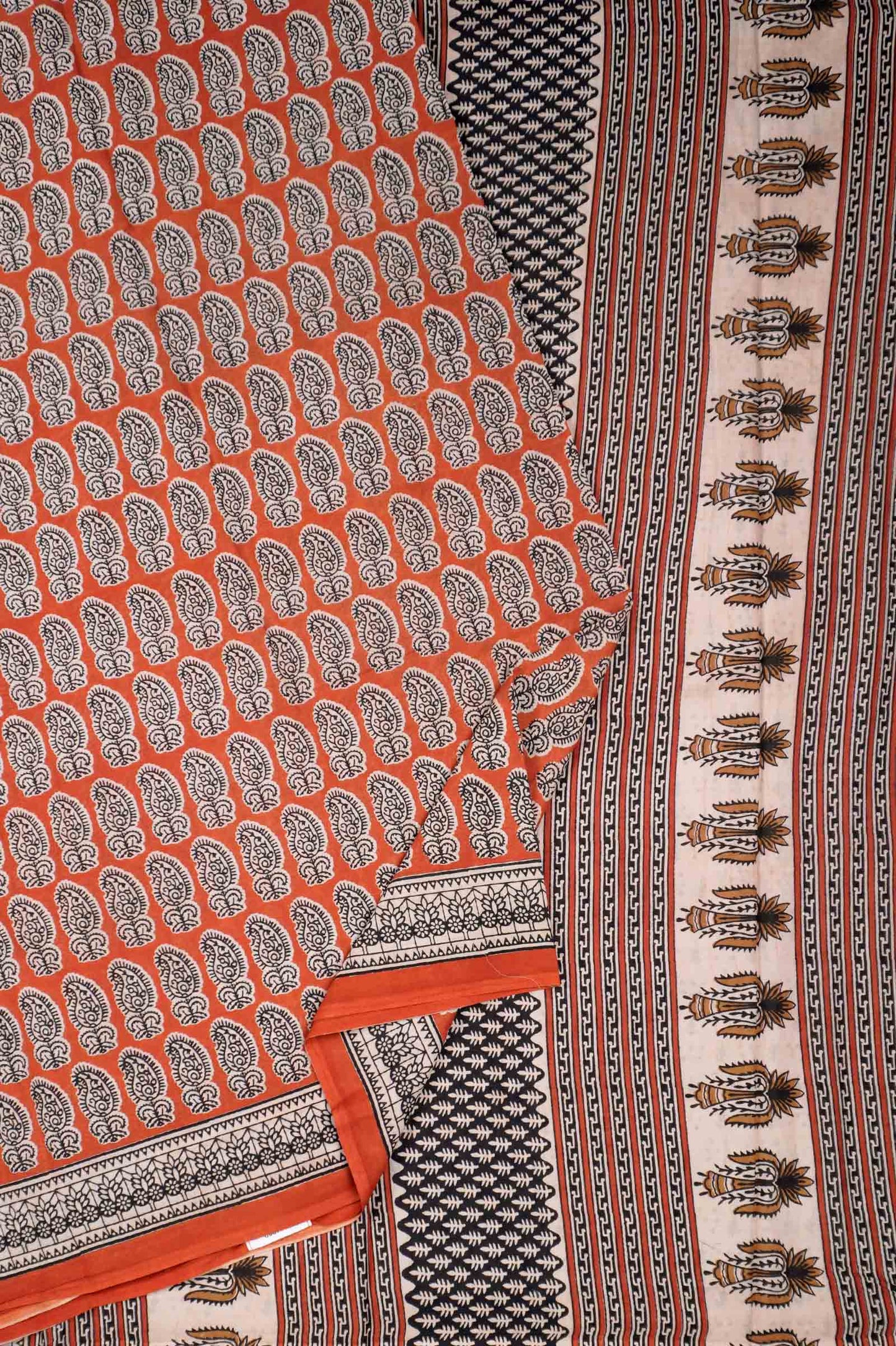 Flaming Red Jaipur Cotton Floral Hand Block Print Saree