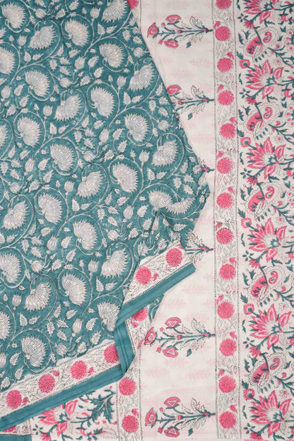 Sea Green  Jaipur Cotton Floral Hand Block Print Saree