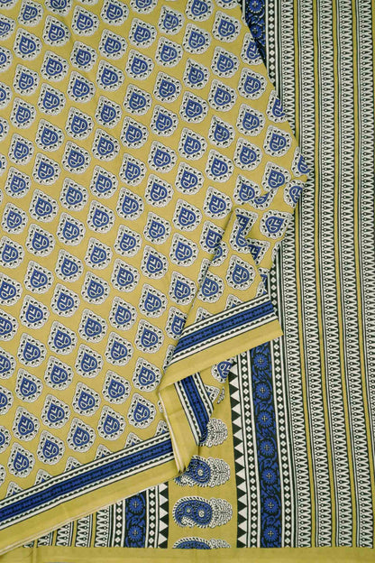 Mustard Yellow Jaipur Cotton Floral Hand Block Prints Saree