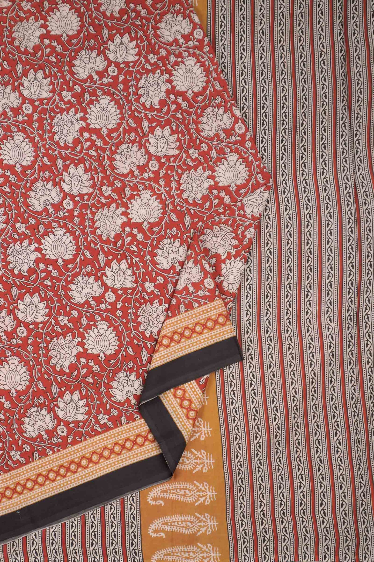 Red Jaipur Cotton Hand Block Printed Florals Saree