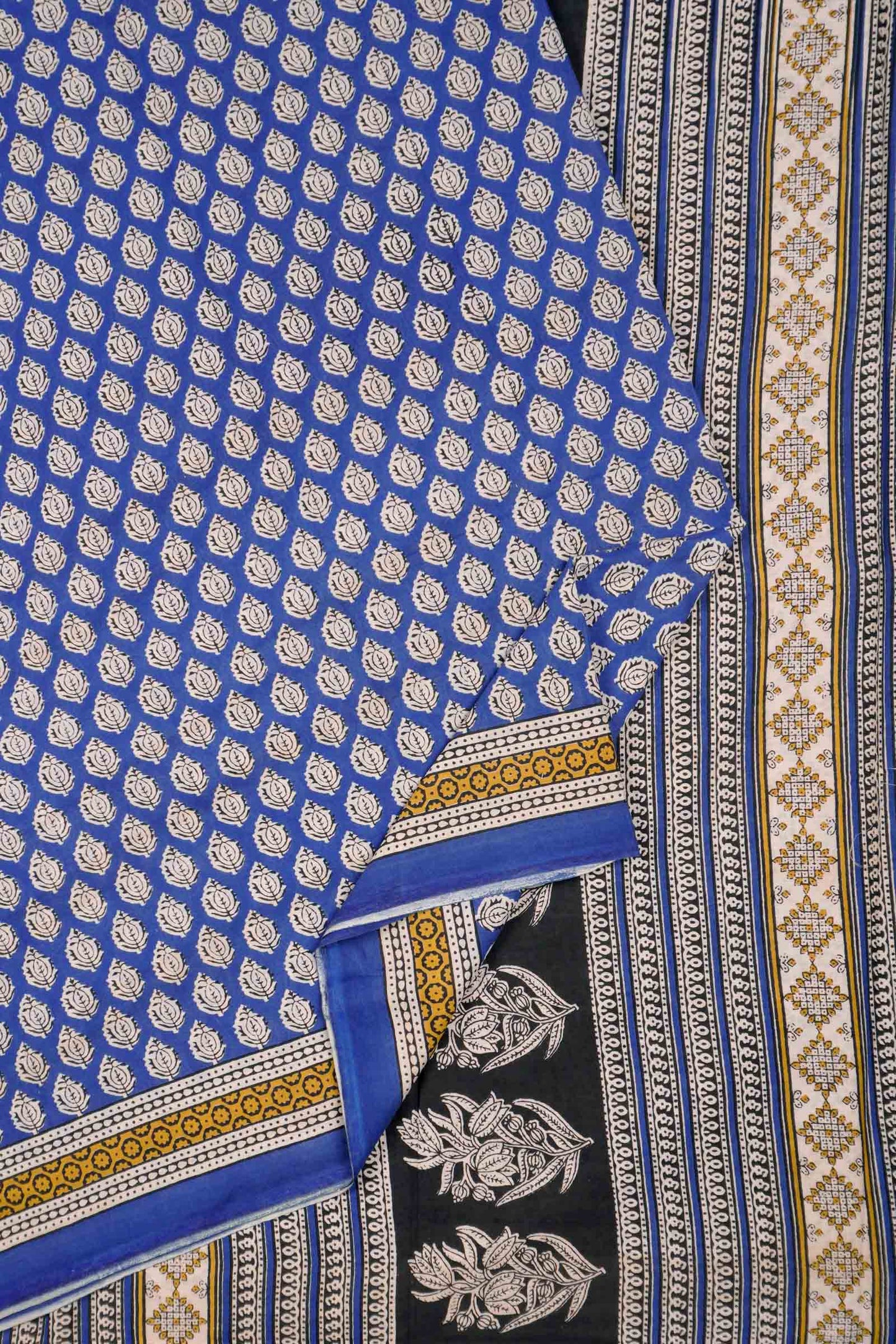 Blue Floral Hand Block Print Jaipur Cotton Saree