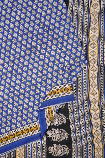 Blue Floral Hand Block Print Jaipur Cotton Saree