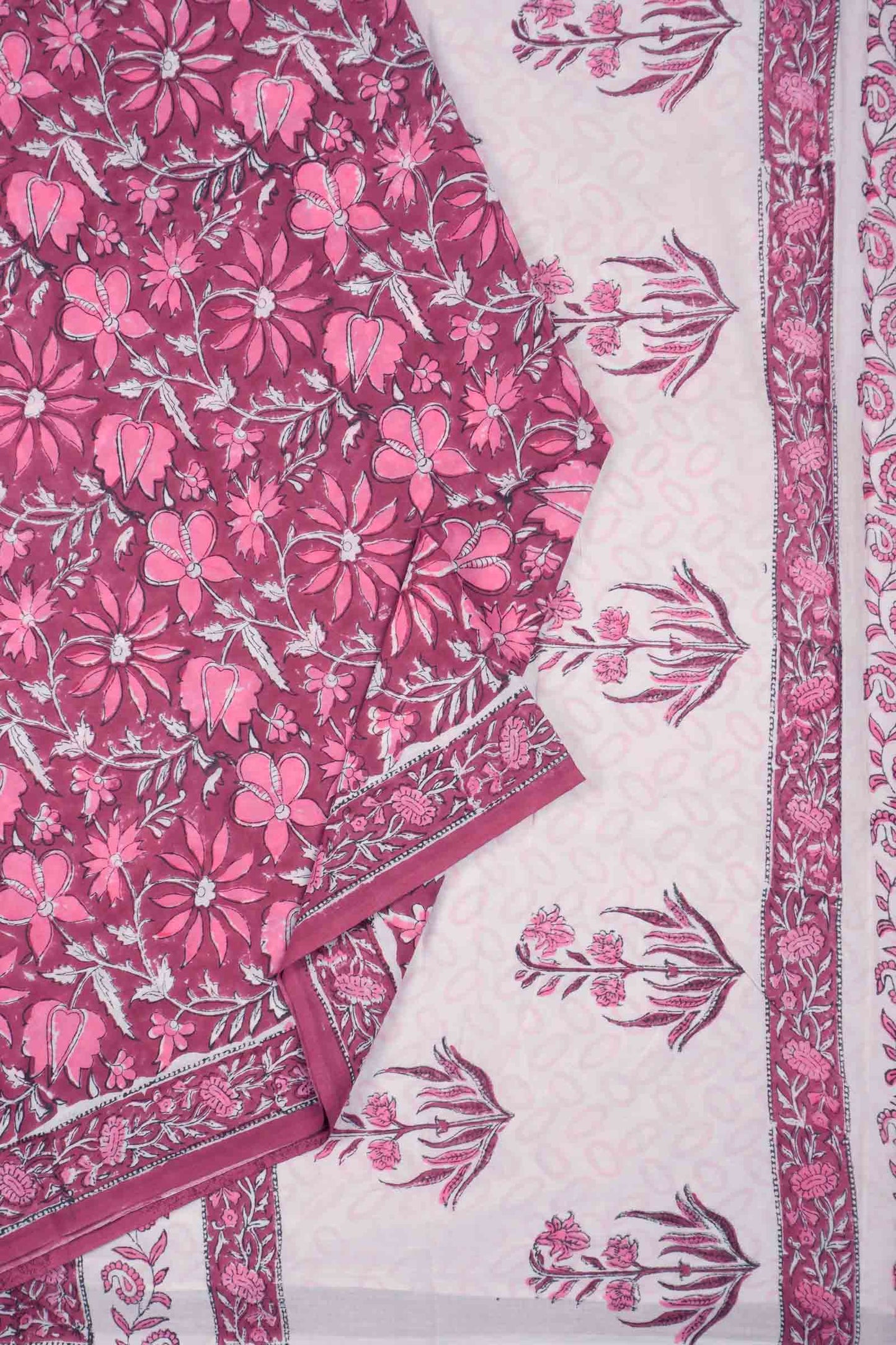 Berry Red Floral HandBlock Prints Jaipur Cotton Saree