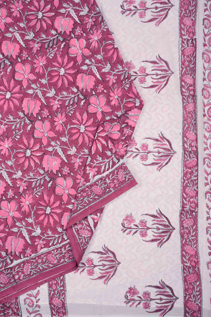 Berry Red Floral HandBlock Prints Jaipur Cotton Saree