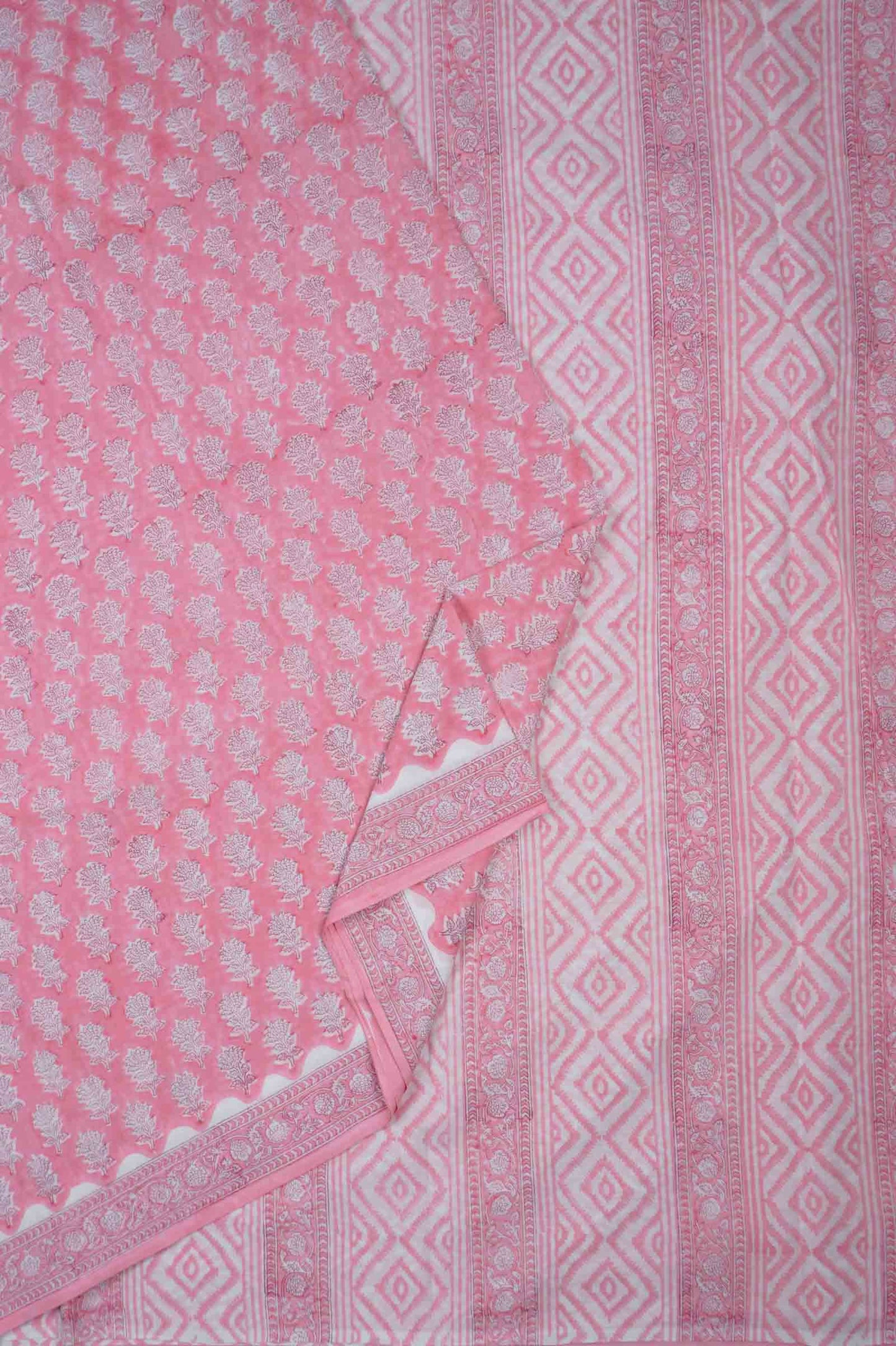 Baby Pink Floral Hand Block Print Jaipur Cotton Saree