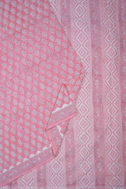 Baby Pink Floral Hand Block Print Jaipur Cotton Saree