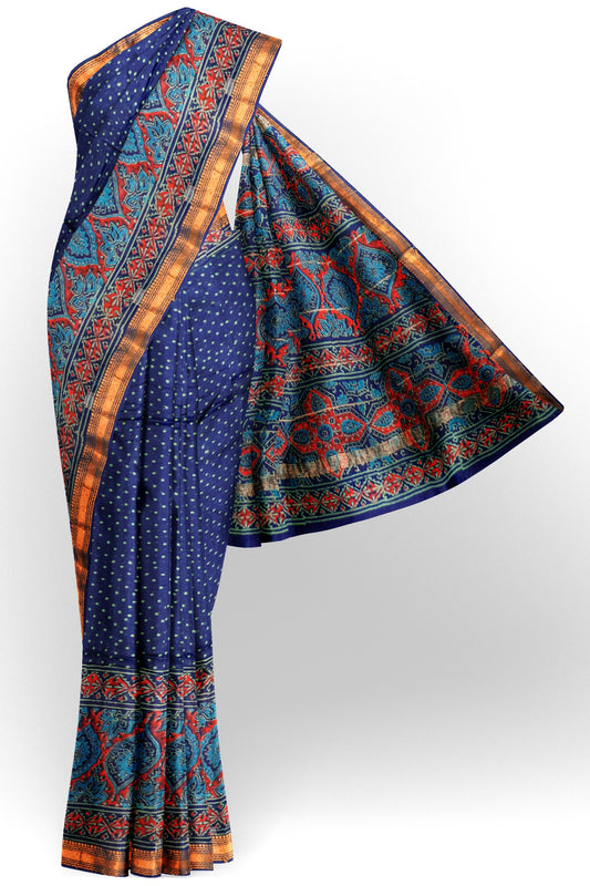 Navy Blue Jaipur Cotton Ajrakh type Prints Zari Border Saree