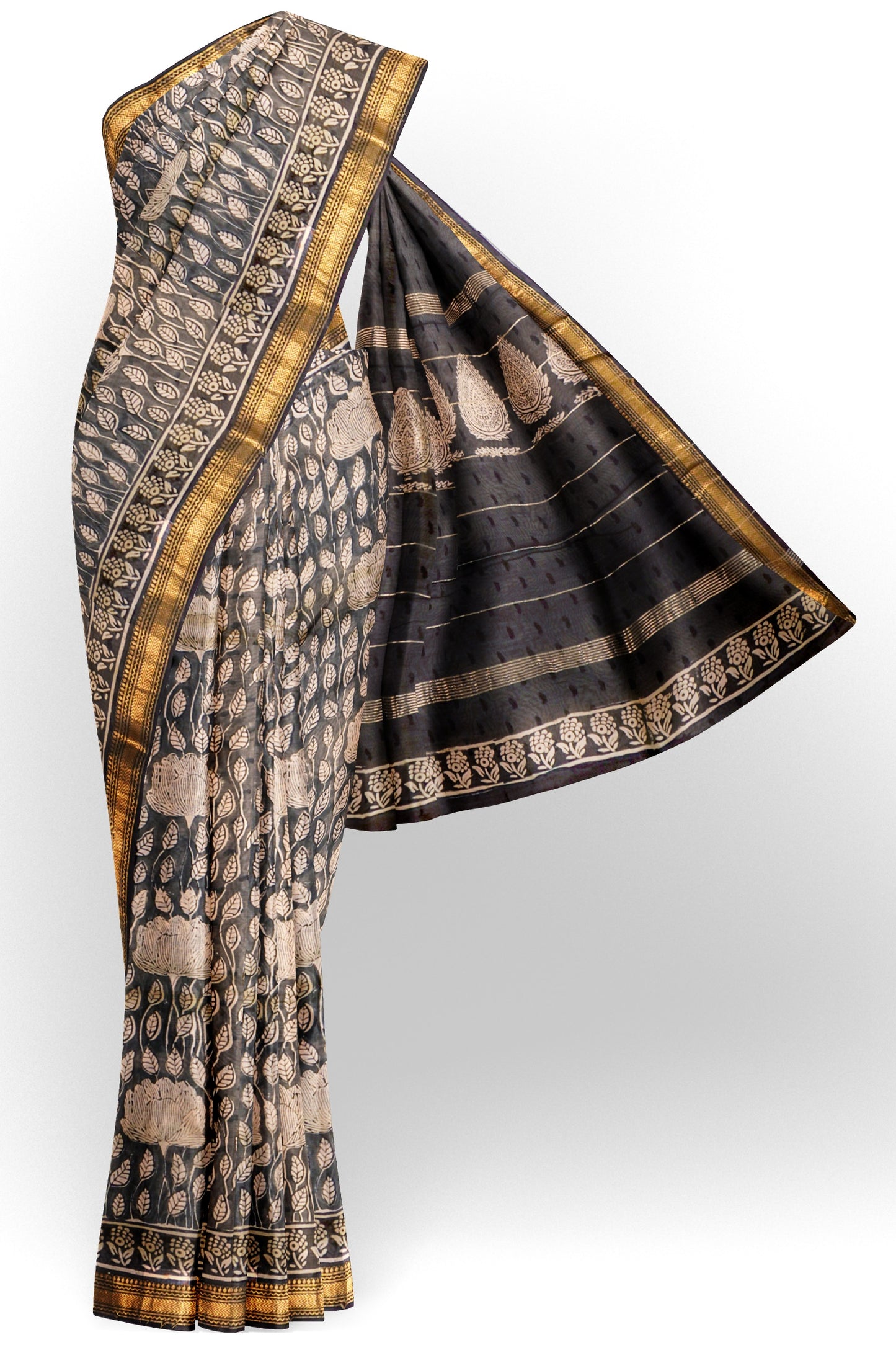 Black Maheshwari Cotton Block Printed Florals Zari Border Saree