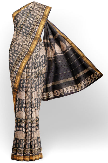 Black Maheshwari Cotton Block Printed Florals Zari Border Saree