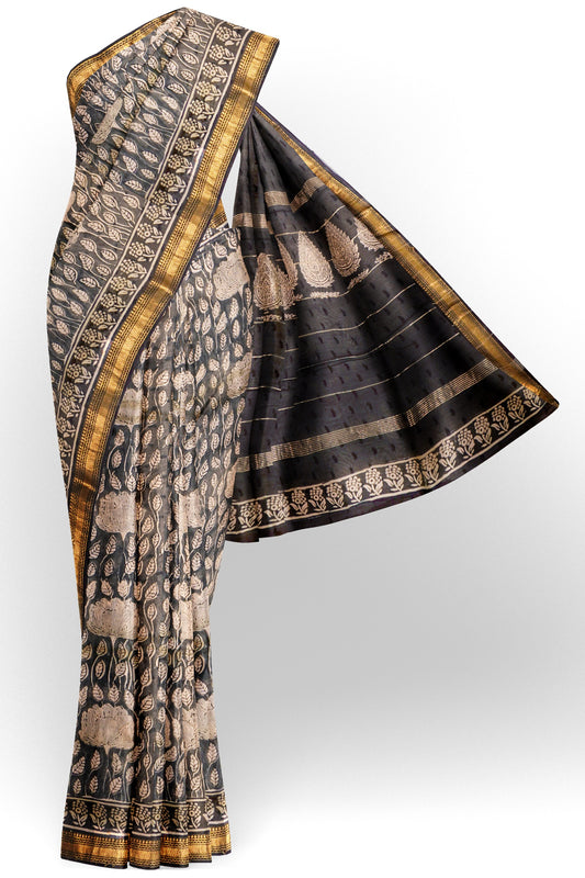 Black Maheshwari Cotton Block Printed Florals Zari Border Saree