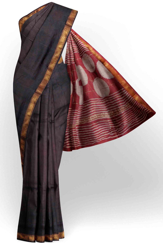 Black Brown Maheshwari Cotton  Zari Border Saree