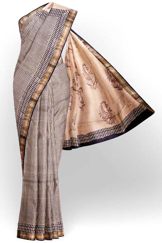 Beige and Black Checks Maheshwari Cotton  Zari Border Saree