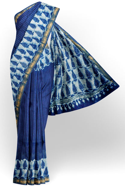 Indigo Blue Maheshwari Cotton Block Printed Zari Border Saree