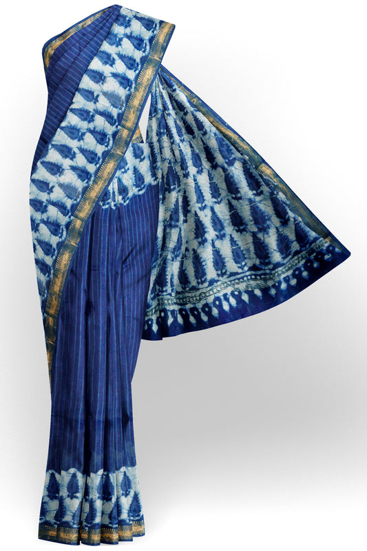 Indigo Blue Maheshwari Cotton Block Printed Zari Border Saree