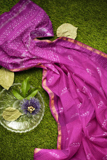 Purple Shibori Style Maheshwari Cotton Zari Border Saree