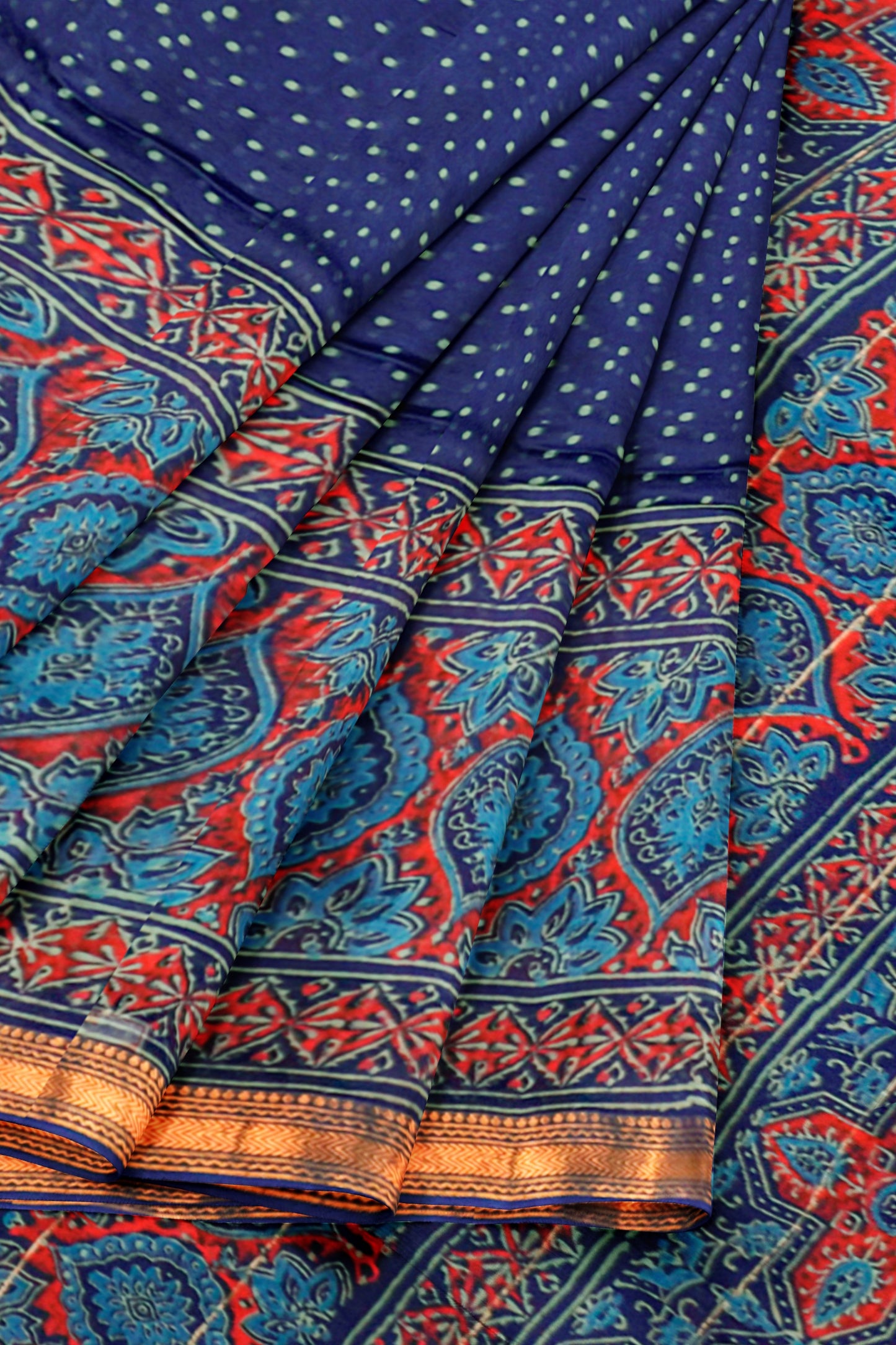 Navy Blue Jaipur Cotton Ajrakh type Prints Zari Border Saree